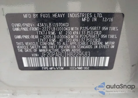 2017 Subaru Crosstrek 2.0I Premium из США, поврежденный, VIN JF2GPABC1H8229583